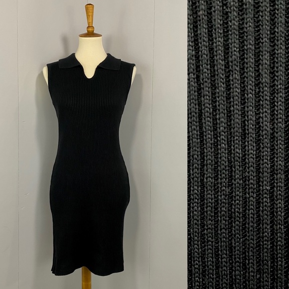 Vintage 90's Black Ribbed Knit Sweater Dress - Picture 1 of 9